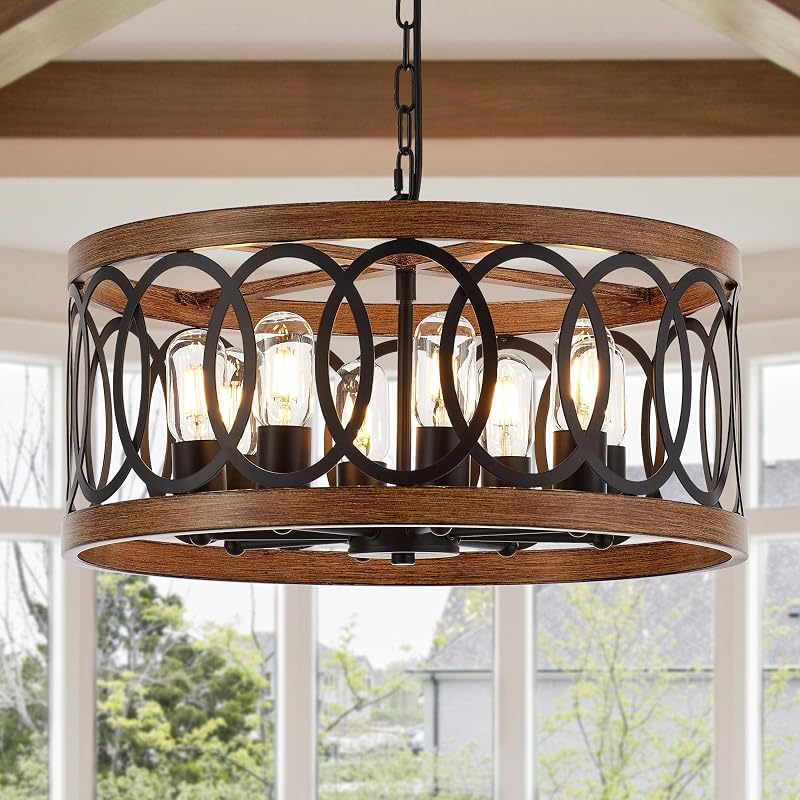 Lámpara colgante tambor 8 luces madera metal negro