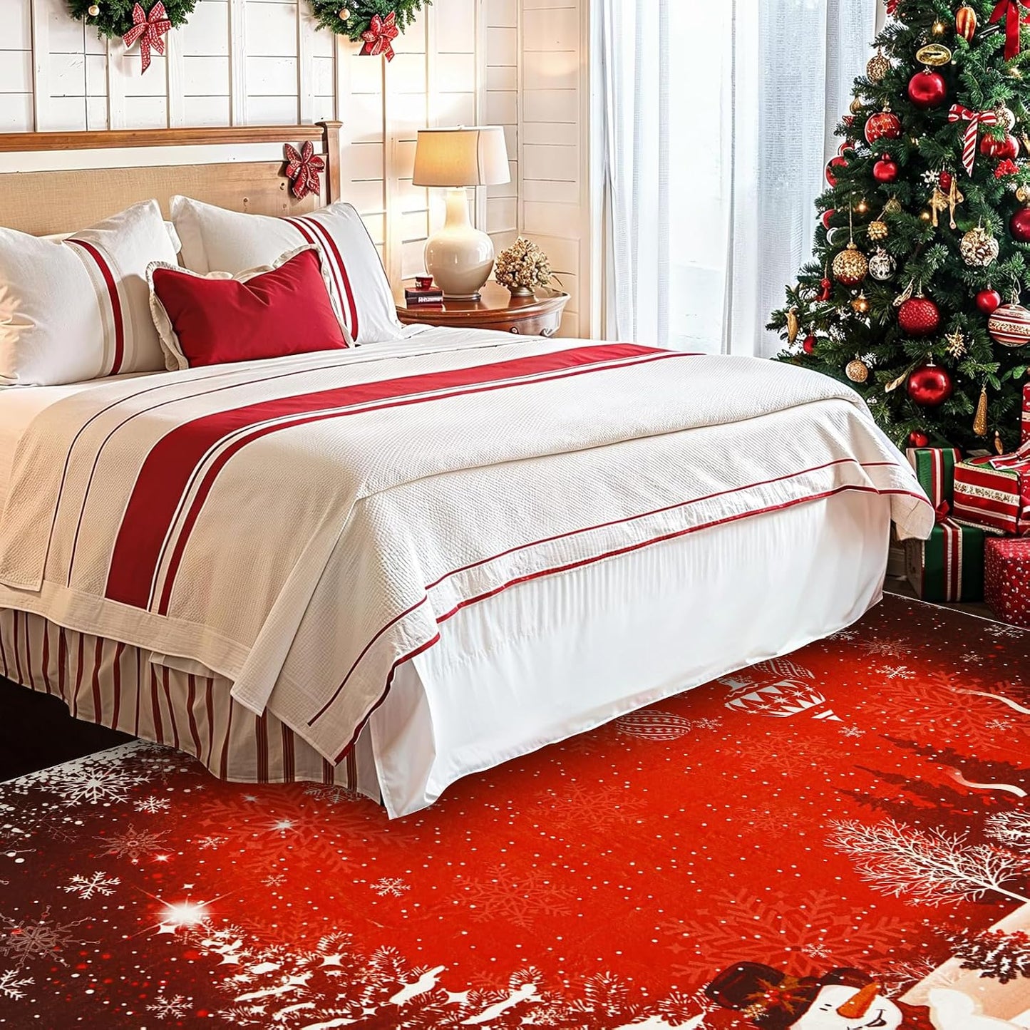 Tapete navideño 5x7ft rojo con muñeco de nieve antiderrap