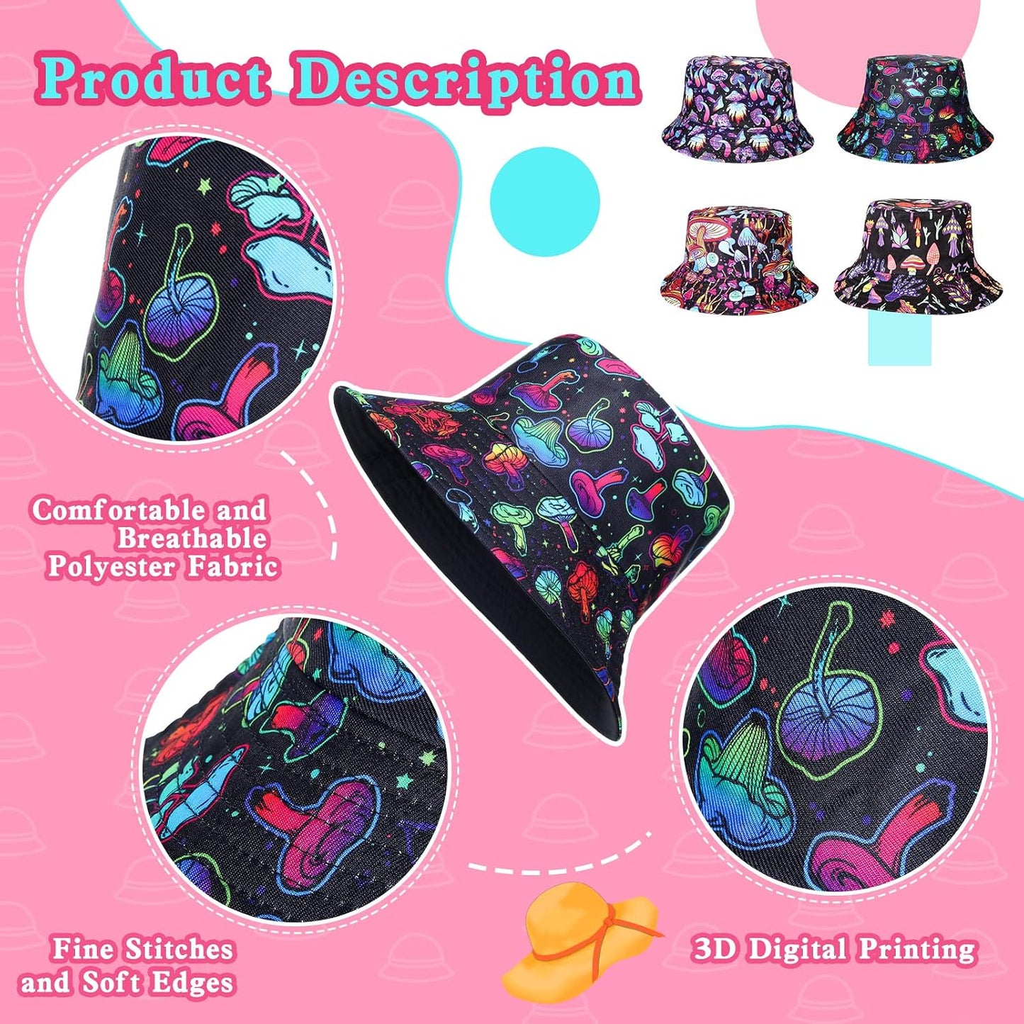 4 Pzas Sombrero Cubo Hongo para Festival Playa Verano