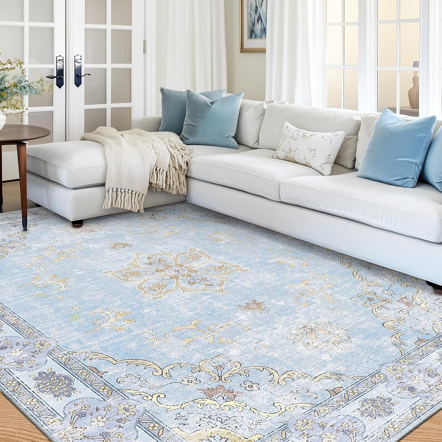 Alfombra 8x10ft estampado floral azul claro antiderrap