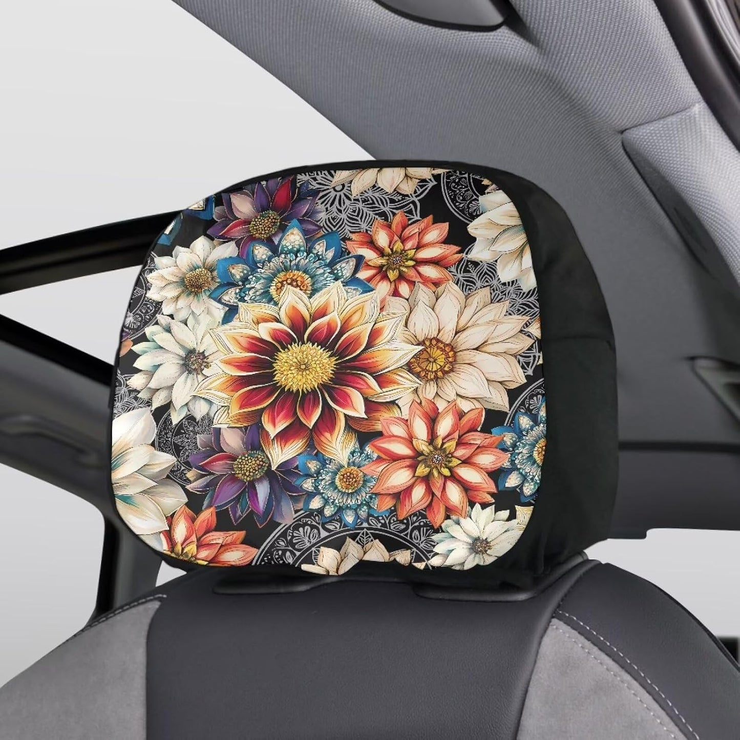 Set 2 fundas reposacabezas auto diseño floral elástica