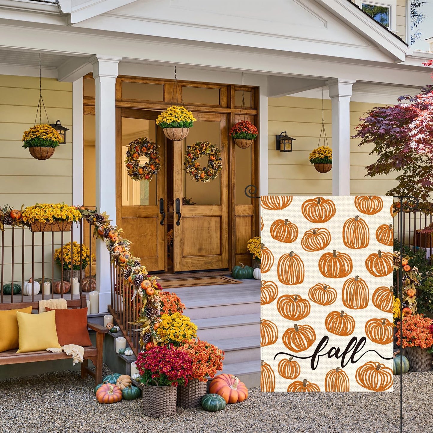 Bandera jardín otoño 12x18pulg doble cara calabazas