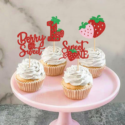 24 Pzas Decoración Cupcakes Fresa Roja Primer Cumpleaños