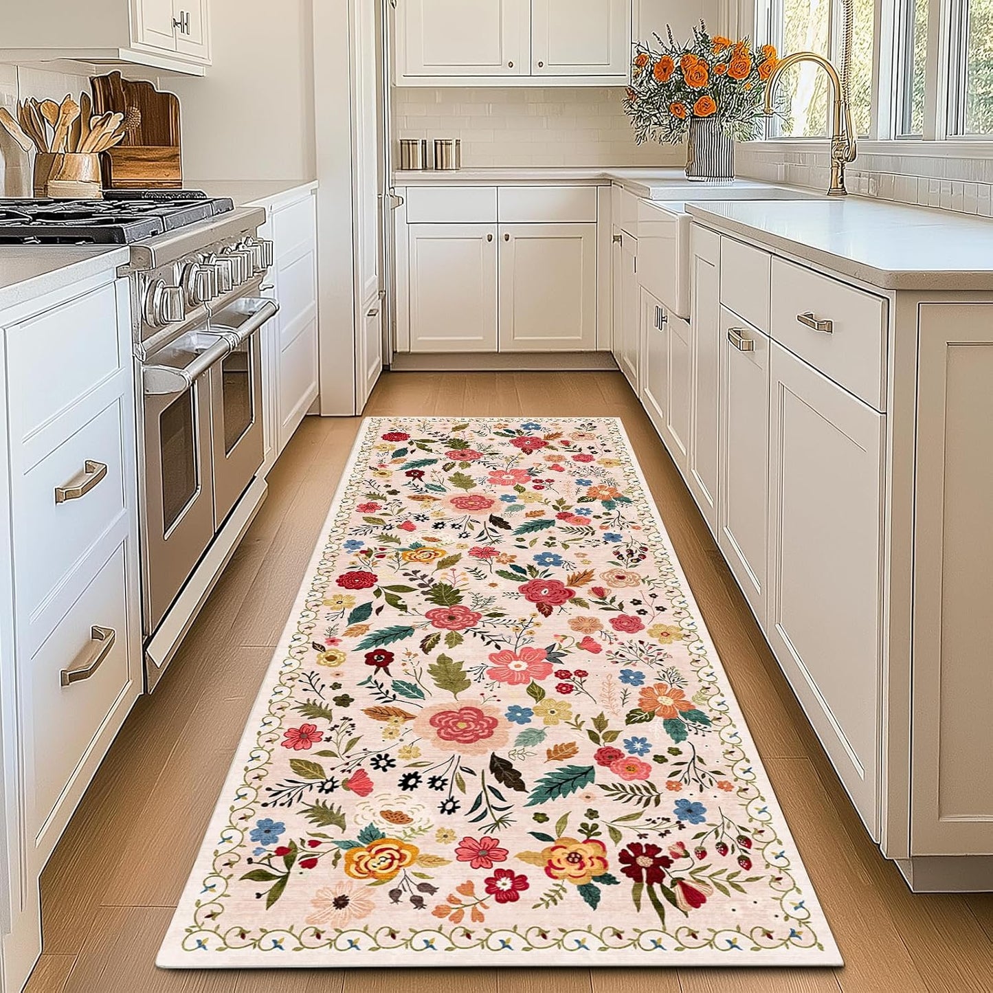 Alfombra pasillo 2.6x8 lavable no resbala flores beige