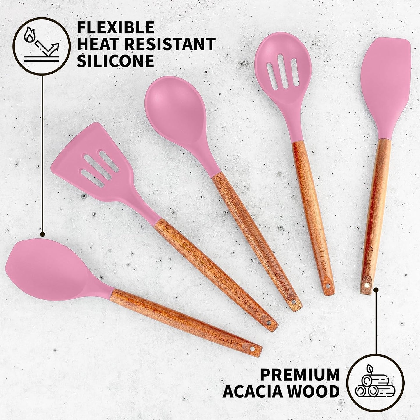 Set 5 Pzas Utensilios Cocina Silicona Antiadherentes Asas Acacia
