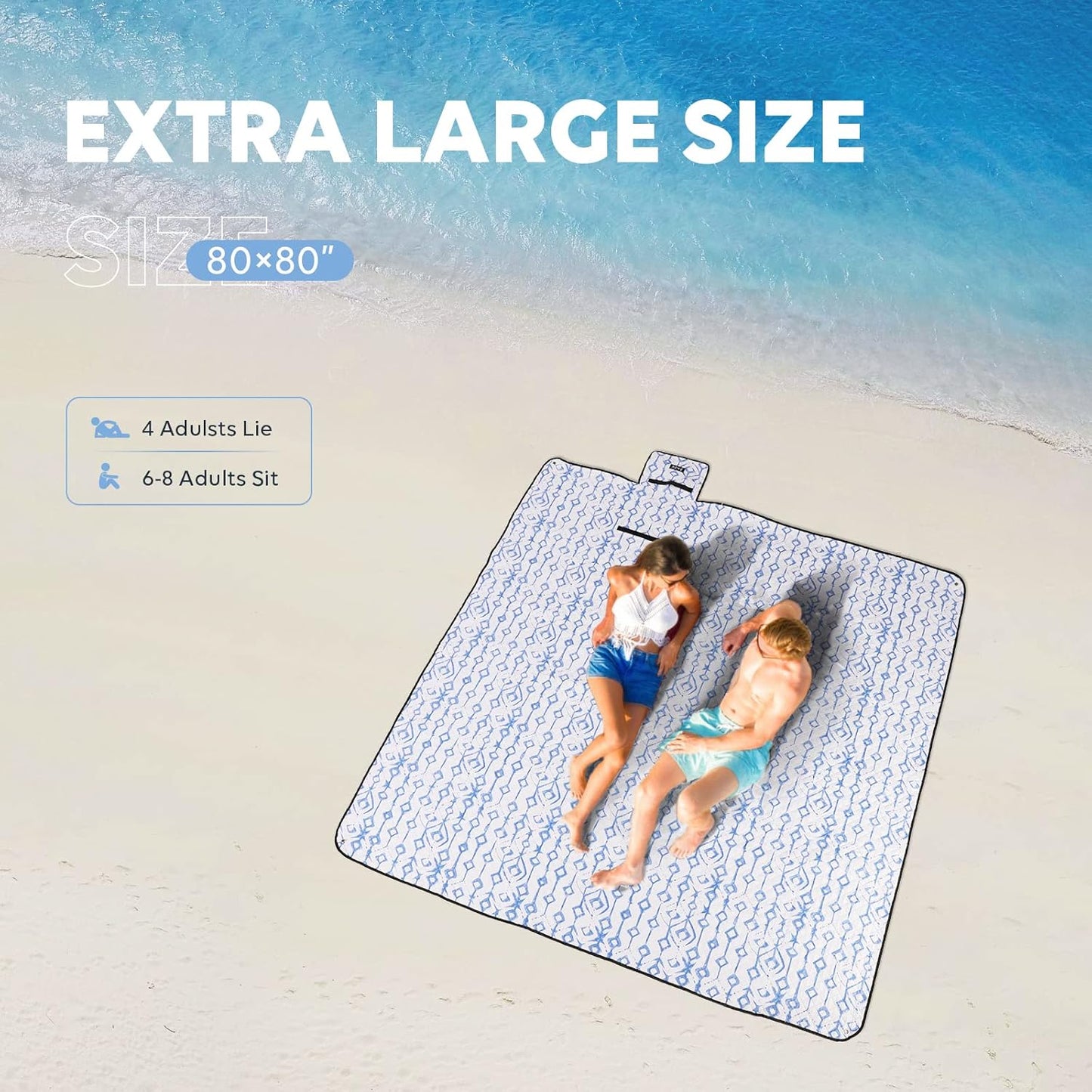 Manta playa impermeable 80x80" 3 capas azul blanco