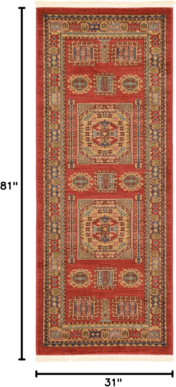 Alfombra geométrica roja clásica 2'7"x6'7"