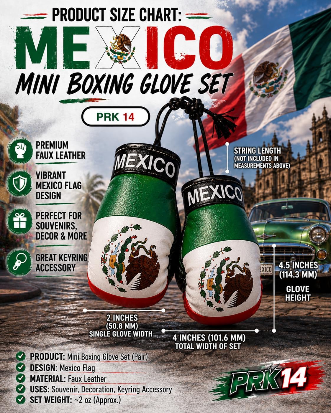 Guante boxeo con bandera mexicana para coche y espejo