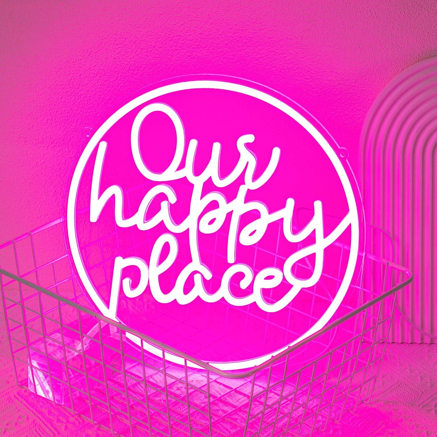 Letrero Neón Led Rosa con Texto Our Happy Place para Dormitorio Bar