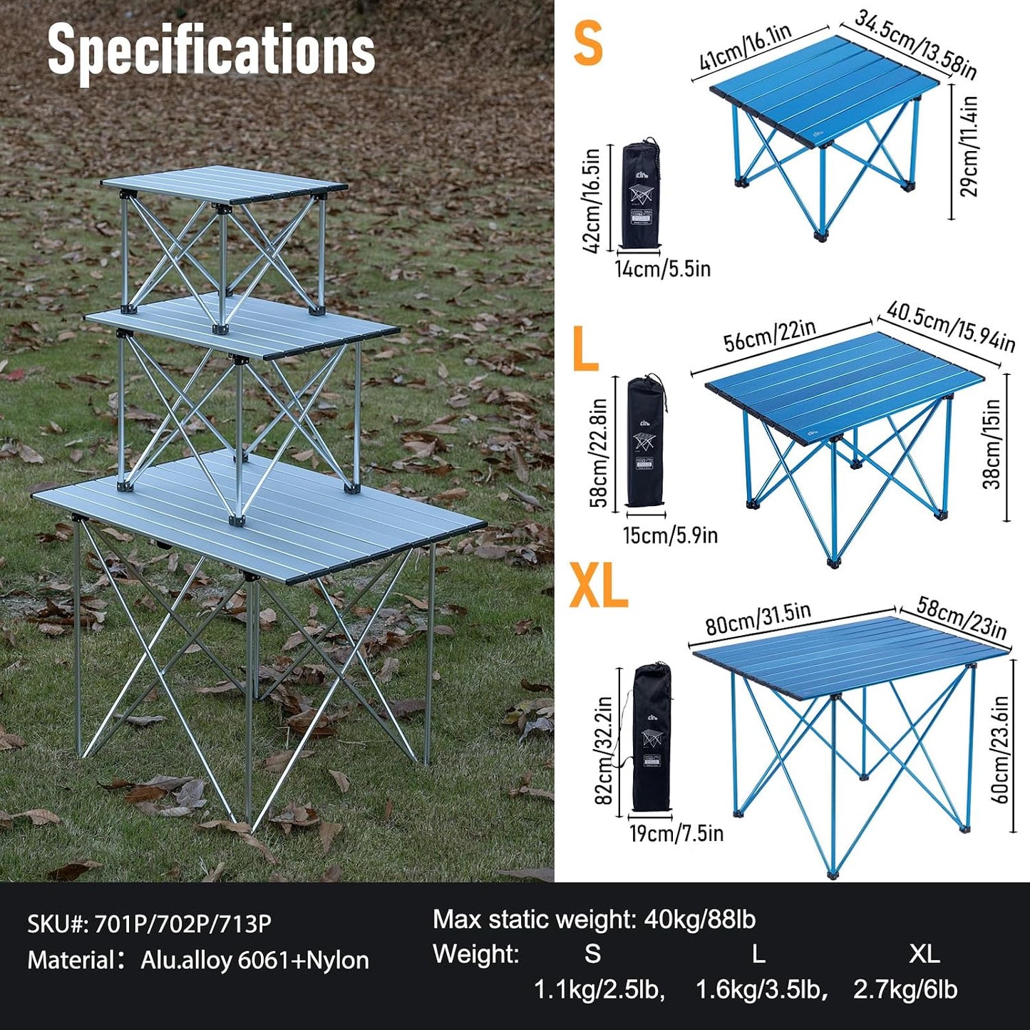 Mesa plegable camping compacta ultraligera con bolsa azul