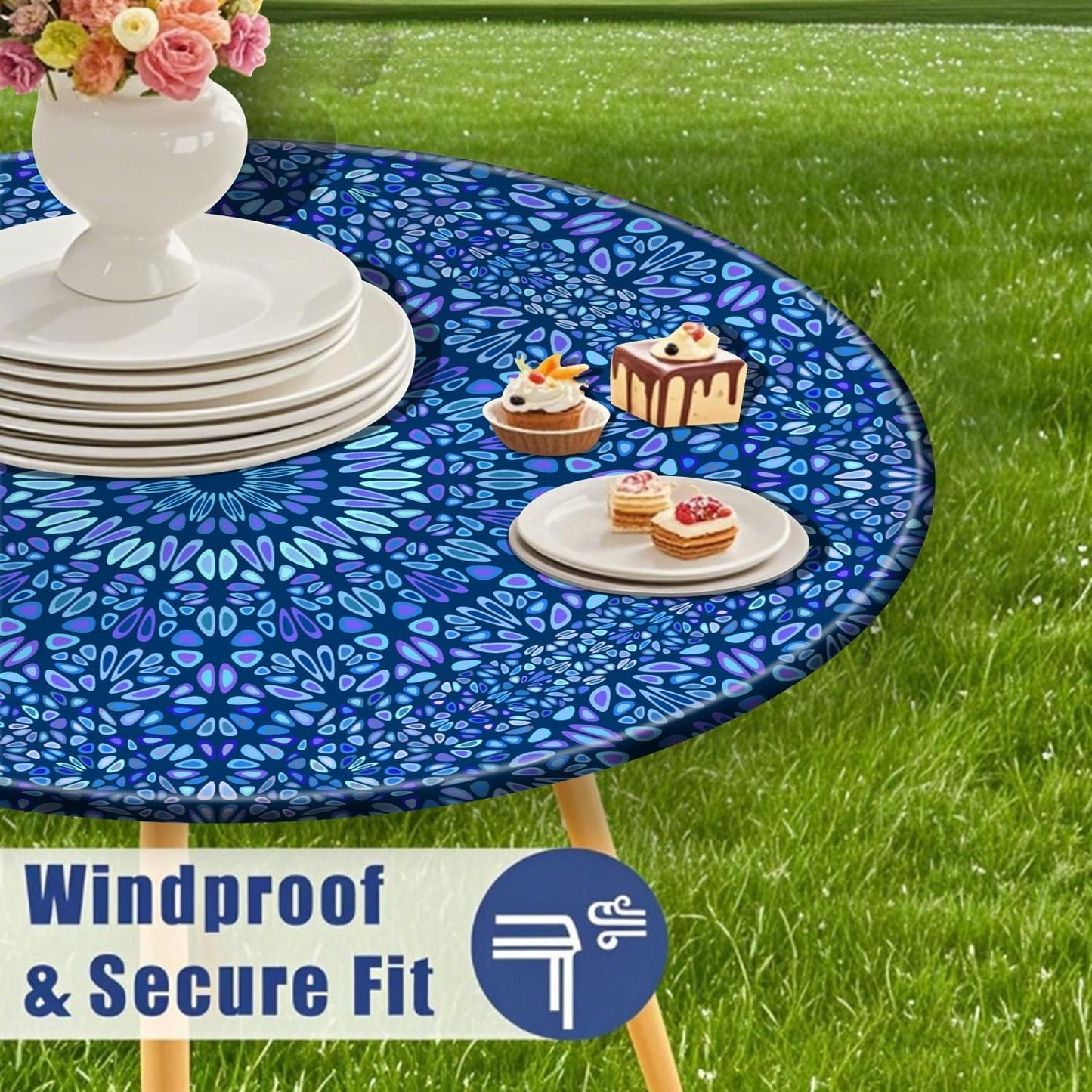 Protector mesa redondo 52pulg azul bohemio elástico impermeable
