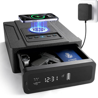 Caja fuerte biométrica con carga inalámbrica y reloj despertador