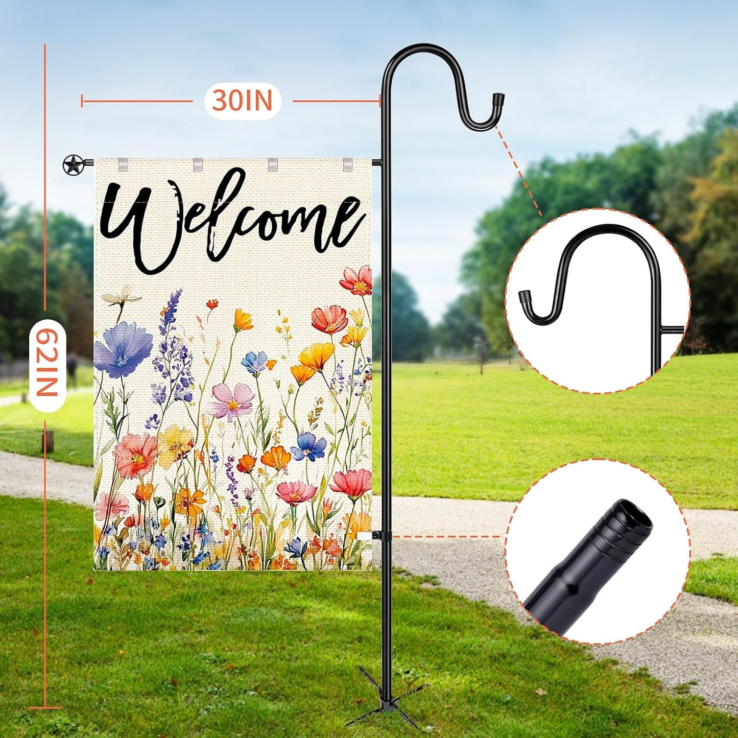 Soporte bandera jardín 28x40pulg poste 62pulg con ganchos
