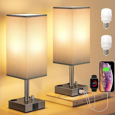 2 Pzas Lámpara Noche Regulable Gris con Puertos USB y CA