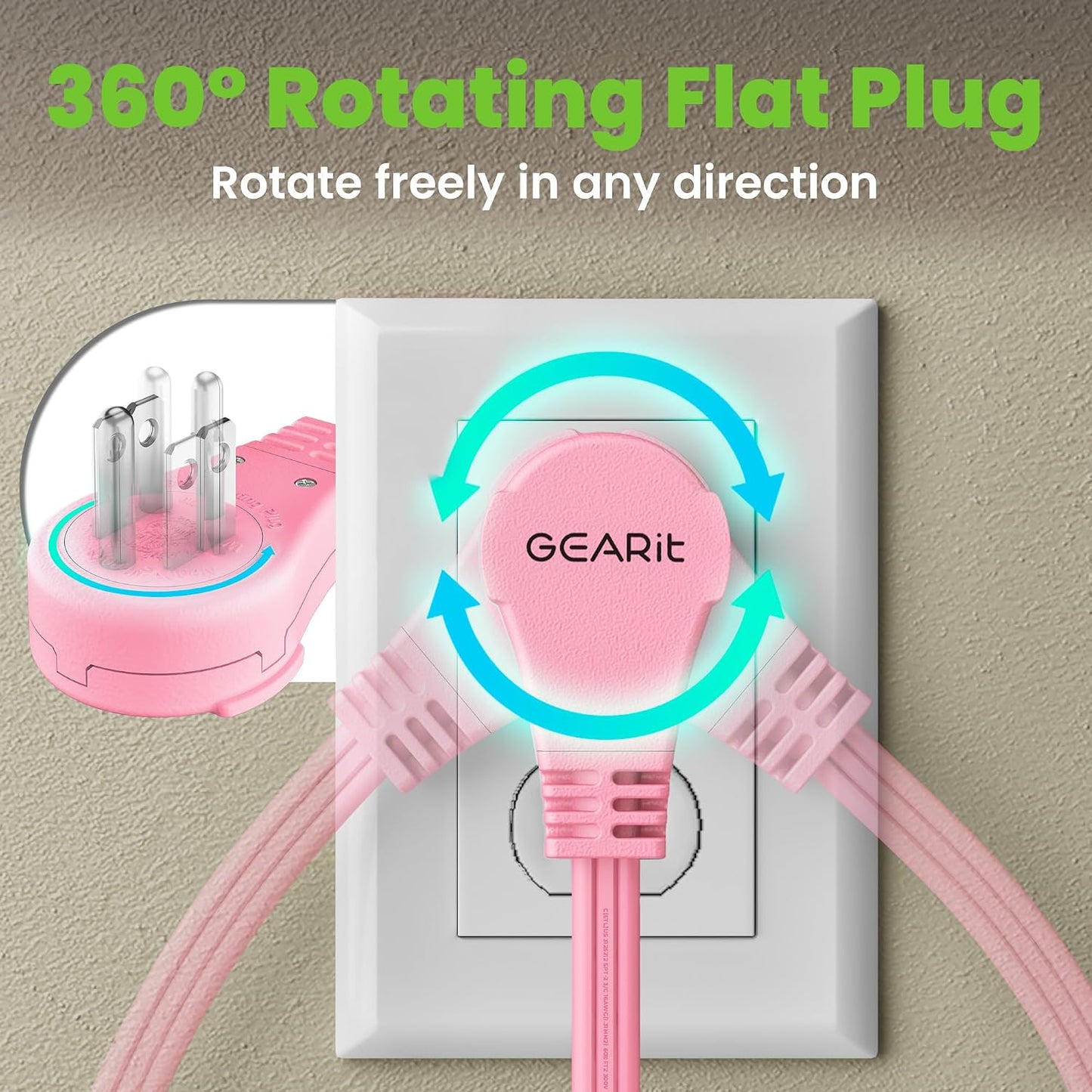 Cable extensión enchufe plano giratorio 3 tomacorrientes 20ft rosa