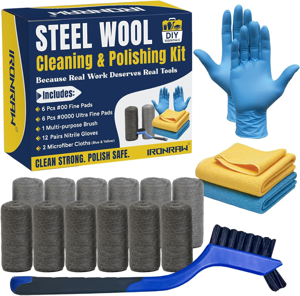 Kit limpieza lana acero 6 Pzas almohadillas cepillo paños microfibra guantes
