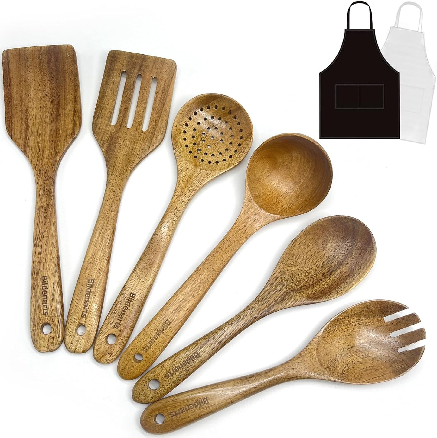 Set 6 cucharas madera teca con delantales cocina