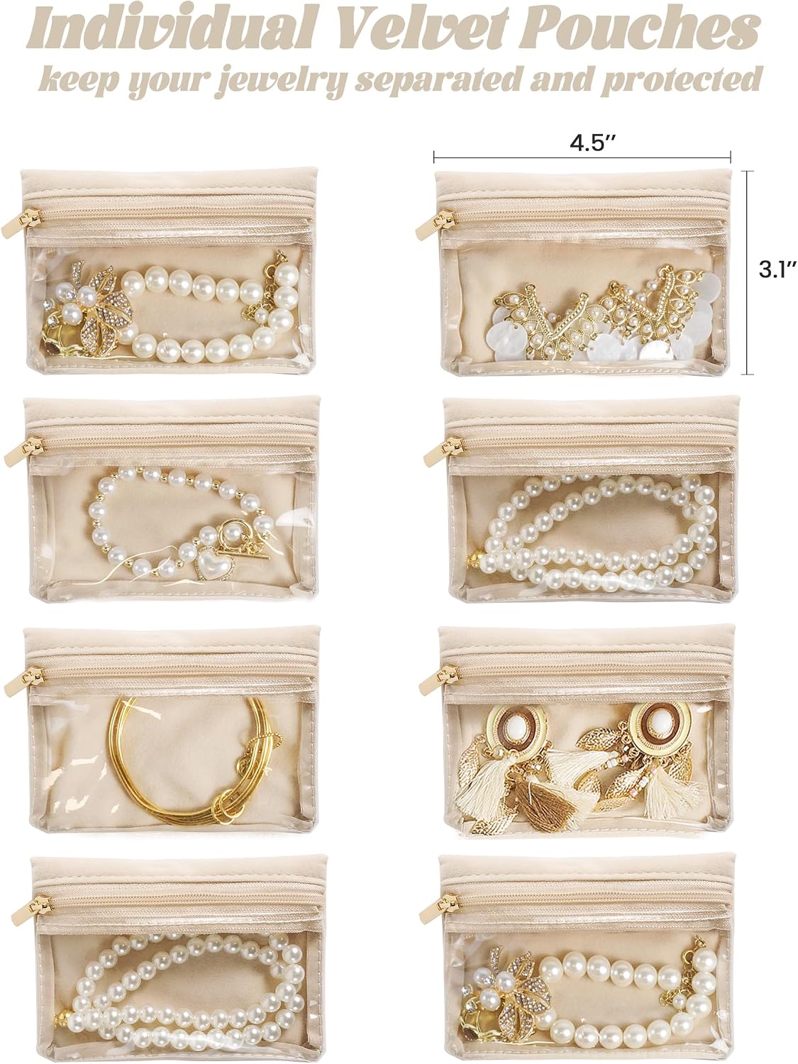 Caja joyas viaje con 8 bolsas terciopelo beige