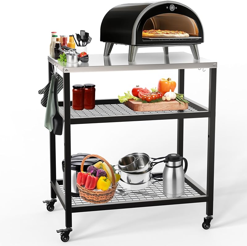 Soporte horno pizza acero inox sobre ruedas 31.5x23.6x35.4"
