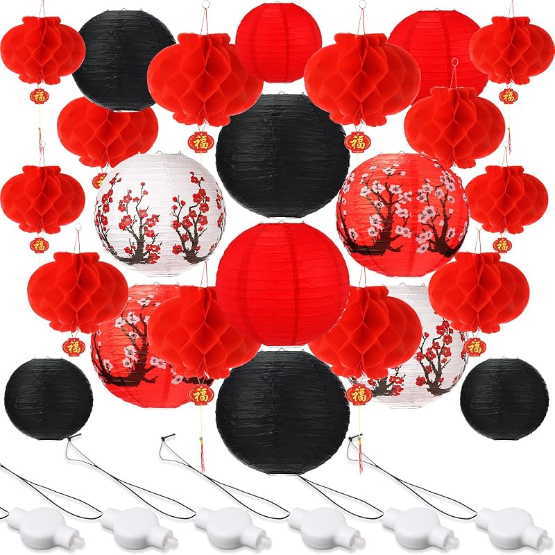 30 Faroles Chinos LED Colgantes Rojos Flor Cerezo Año Nuevo