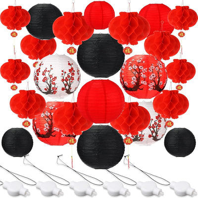 30 Faroles Chinos LED Colgantes Rojos Flor Cerezo Año Nuevo