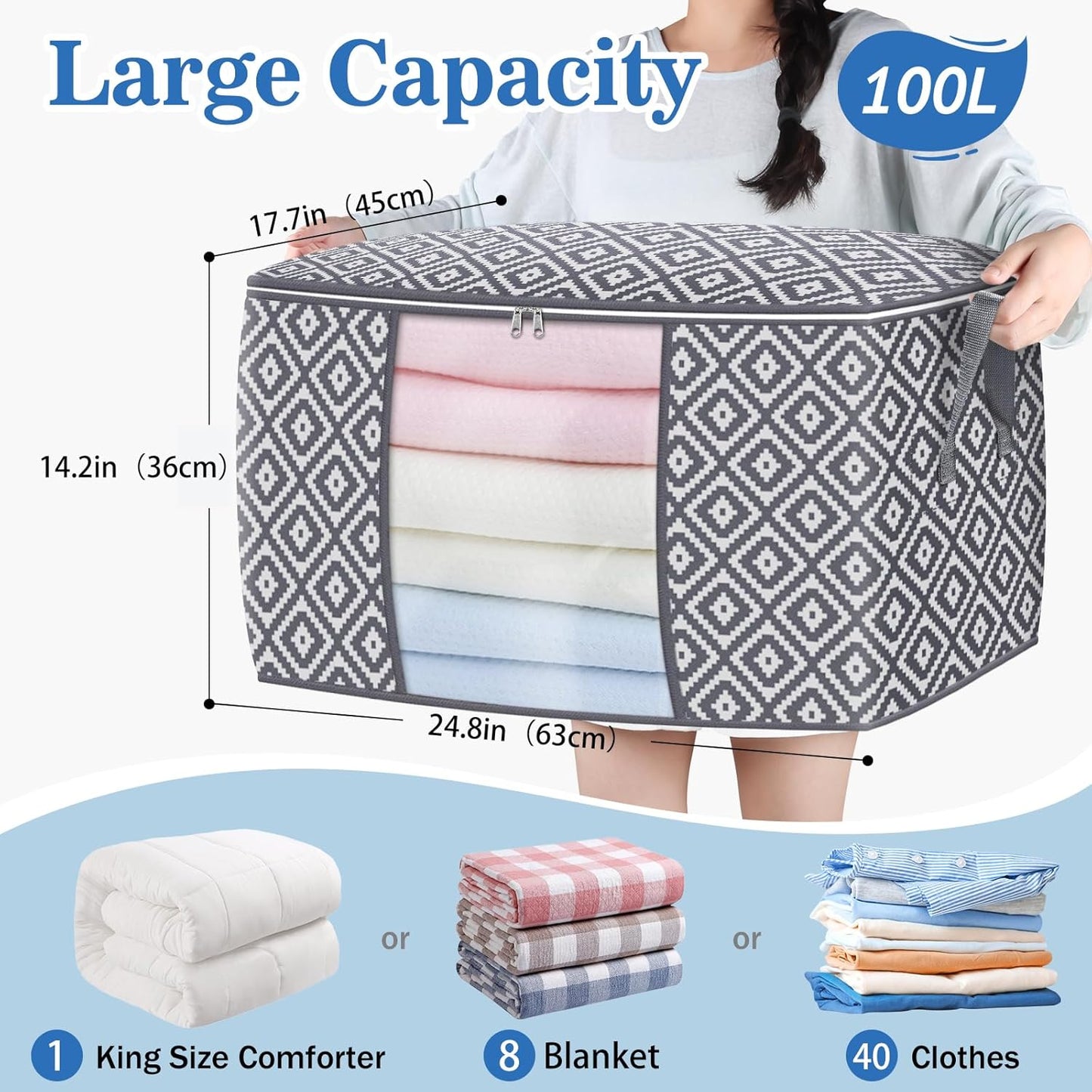 2 Pzas Contenedores Almacenamiento Ropa 100L Gris