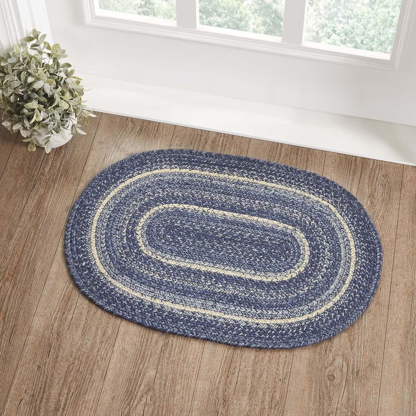 Alfombra ovalada azul y blanco 20x30" mezcla yute PVC