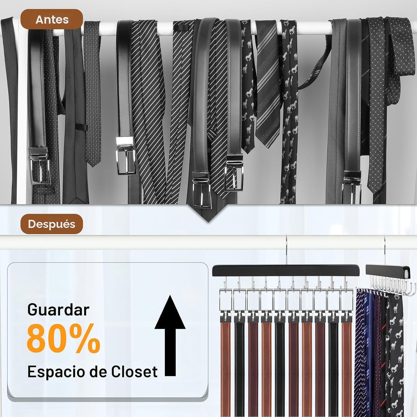 Organiz. cinturón corbata 2en1 madera 20 ganchos