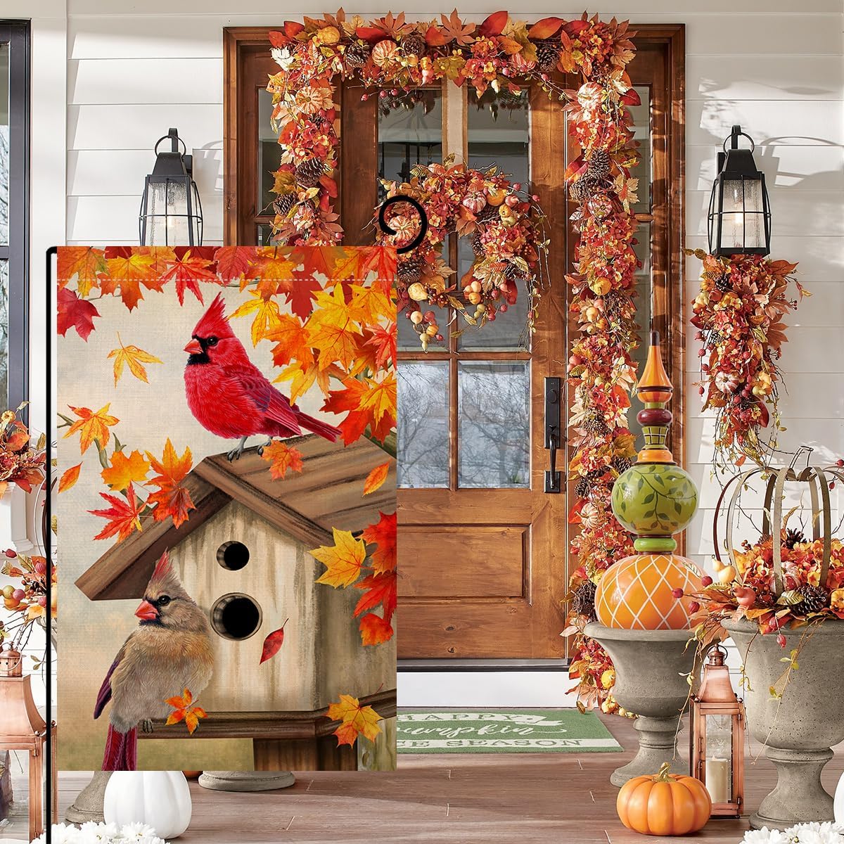 Bandera jardín pájaros cardenales 12x18pulg doble cara otoño