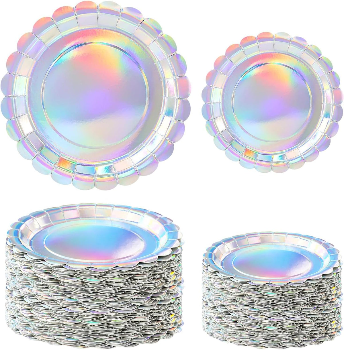 Platos de papel holográficos iridescentes para fiestas 25 x 7 y 25 x 9 pulgadas