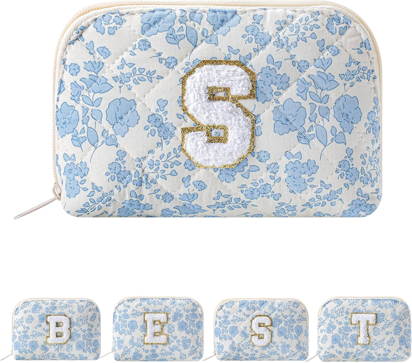 Bolsa maquillaje alfabeto caracola coqueta floral azul
