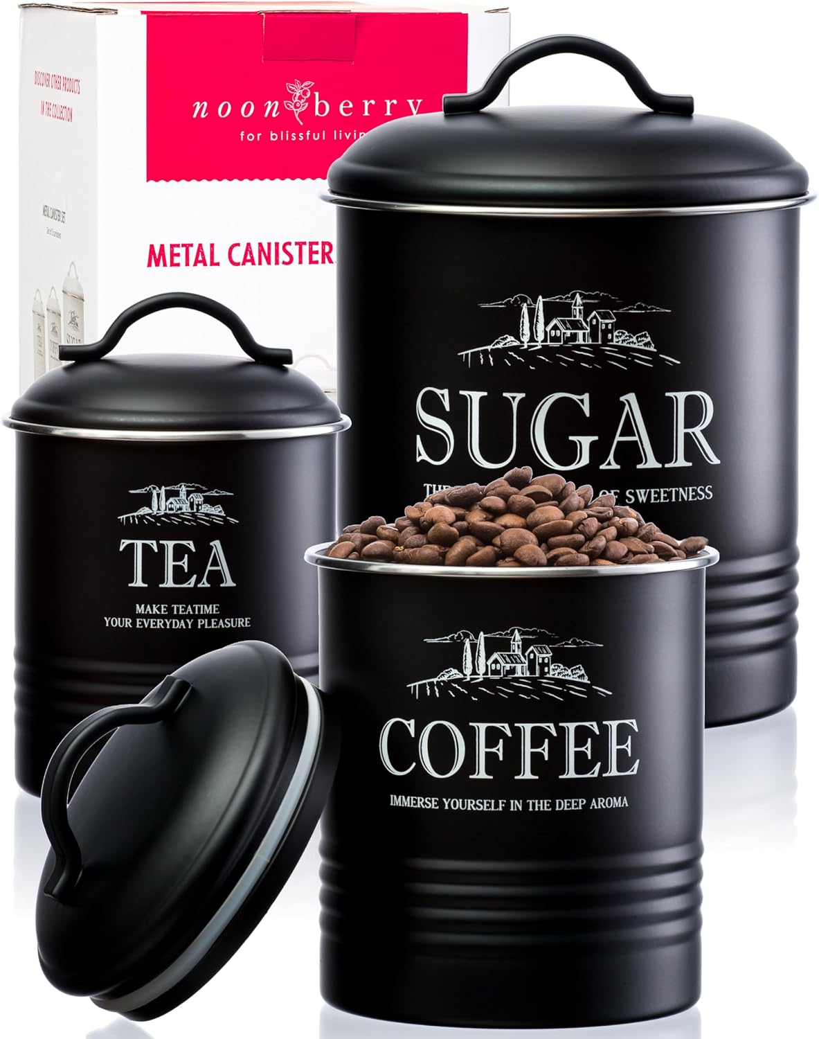 Set 3 Recipientes Encimera Azúcar Café Té Negro Mate