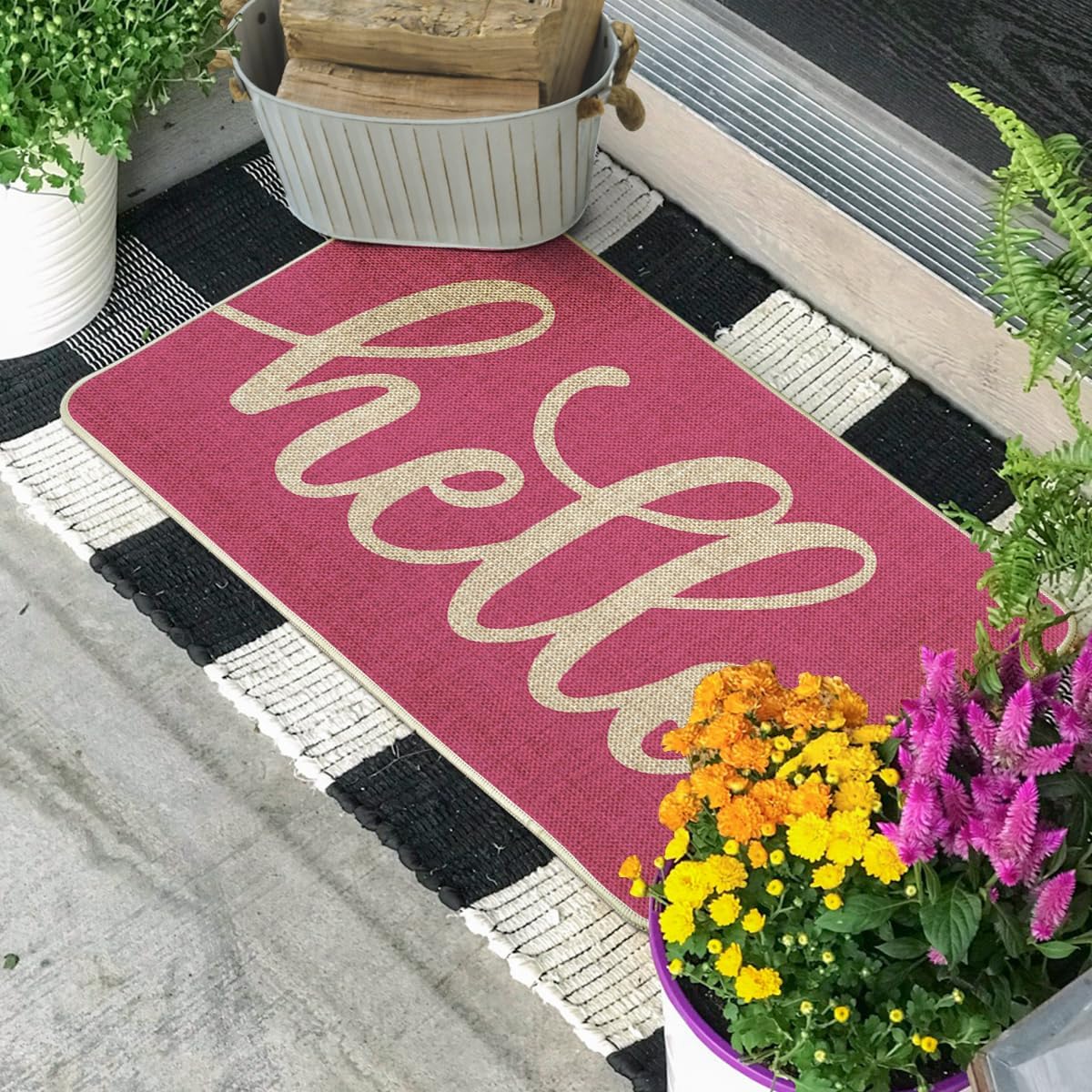 Felpudo Hello Spring rosa 17x29" interior y exterior