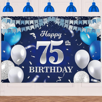 Cartel feliz cumpleaños 75 con globos azul marino y purpurina