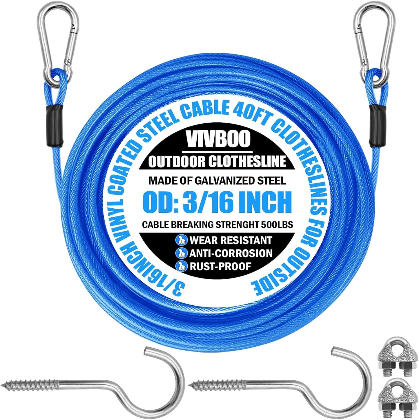 Cuerda para ropa al aire libre 40ft PVC azul con ganchos