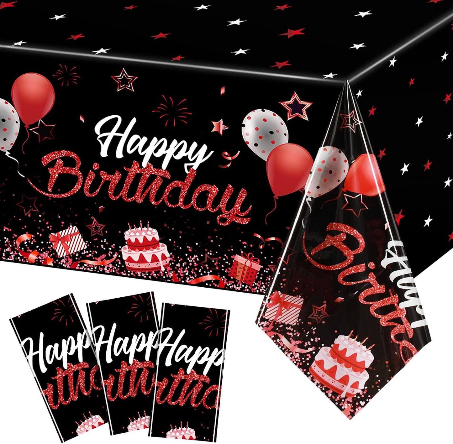 Manteles confeti feliz cumpleaños 54x108pulg rojo y negro