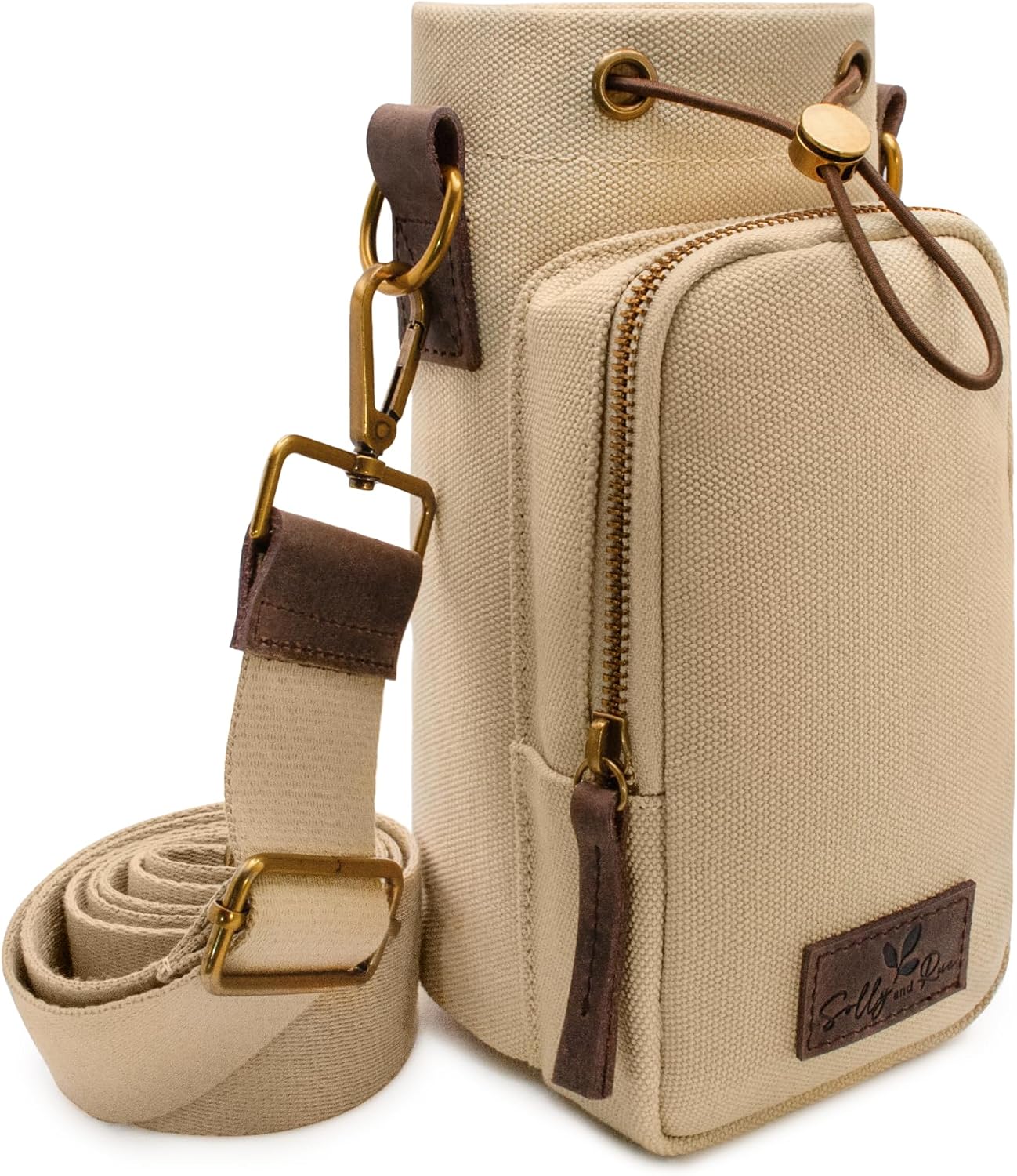 Portabotellas mujer cuero y canvas con bolsillo 16-32oz