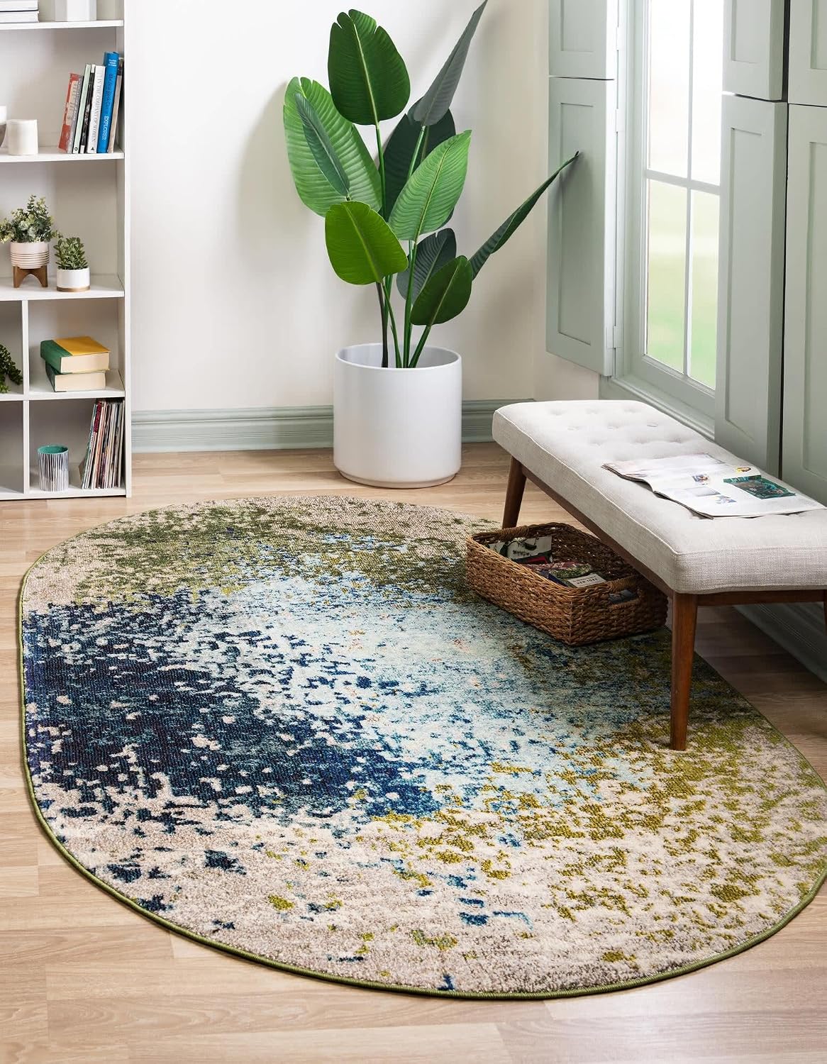 Alfombra abstracta moderna envejecida 5x8ft azul/beige