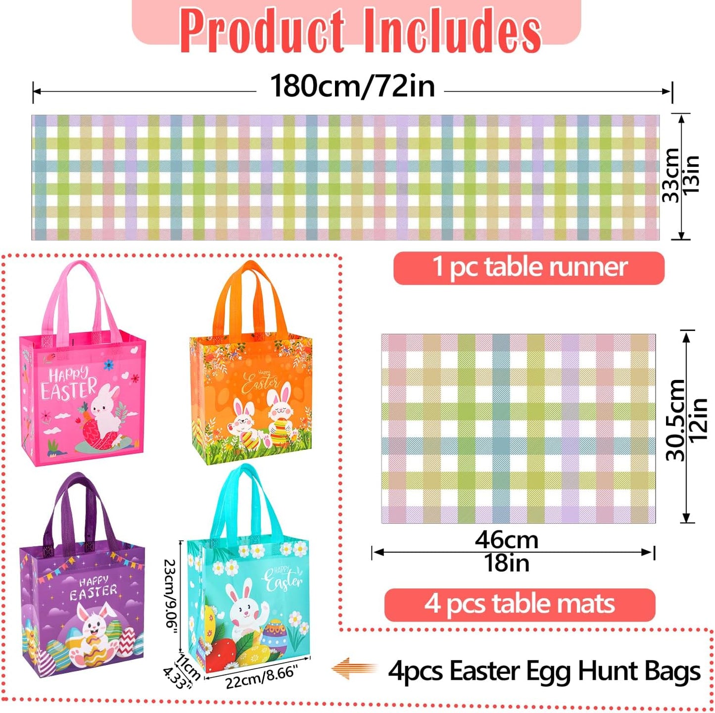 Camino de mesa de Pascua 13 x 72 pulgadas con manteles y bolsas de regalo tela gruesa pastel a cuadros