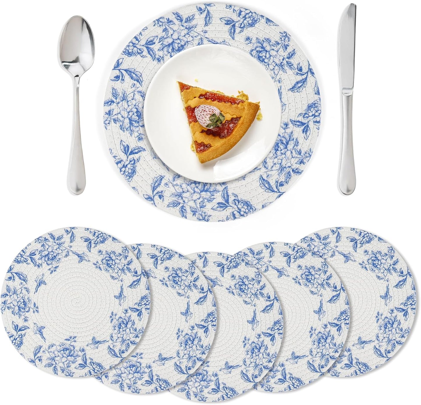 6 Manteles Chinoiserie 12pulg Azul Blanco Antideslizantes