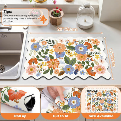 Tapete de secado de platos floral 12 x 20 pulgadas súper absorbente antideslizante