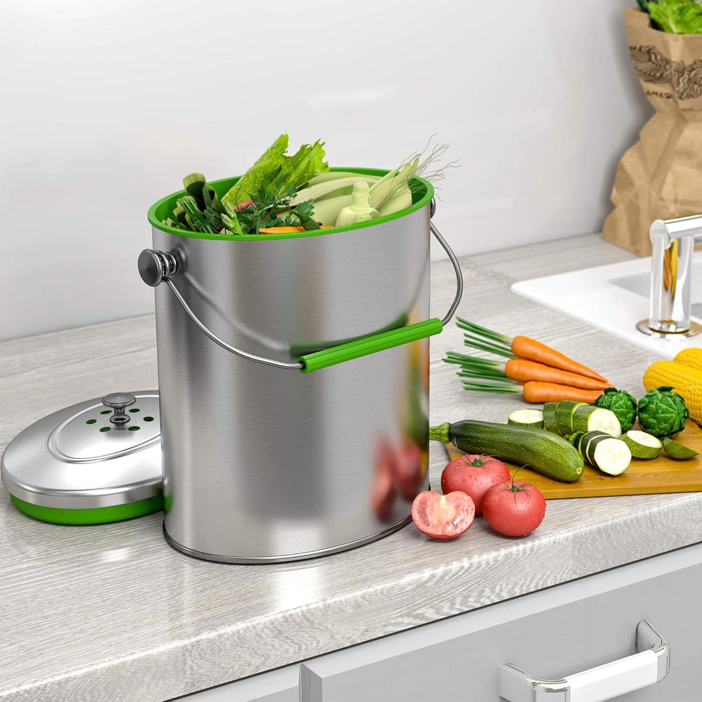 Cubo compost acero inox 6L AbsorbX ovalado cocina