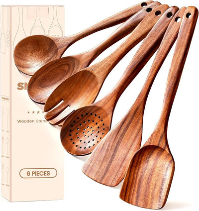 Set 6 cucharas madera teca para sartenes antiadherentes