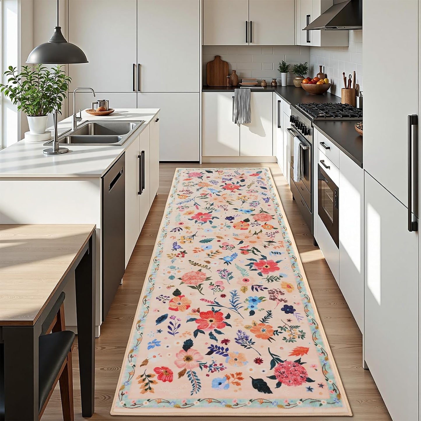 Alfombra pasillo 2'6''x8' beige floral antiderrap