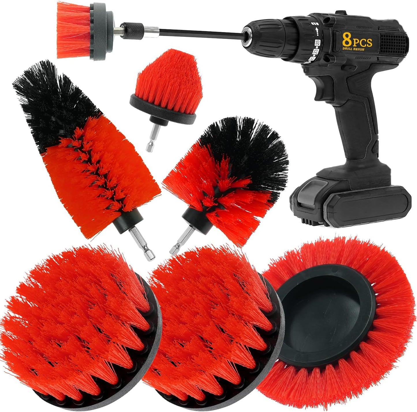 Set 8 Cepillos Taladro Multiusos para Auto Baño Cocina Rojo