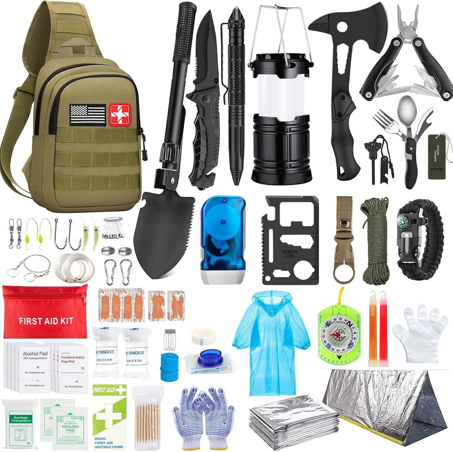 Kit supervivencia 151 pzas con linterna cuchillo alicates manta