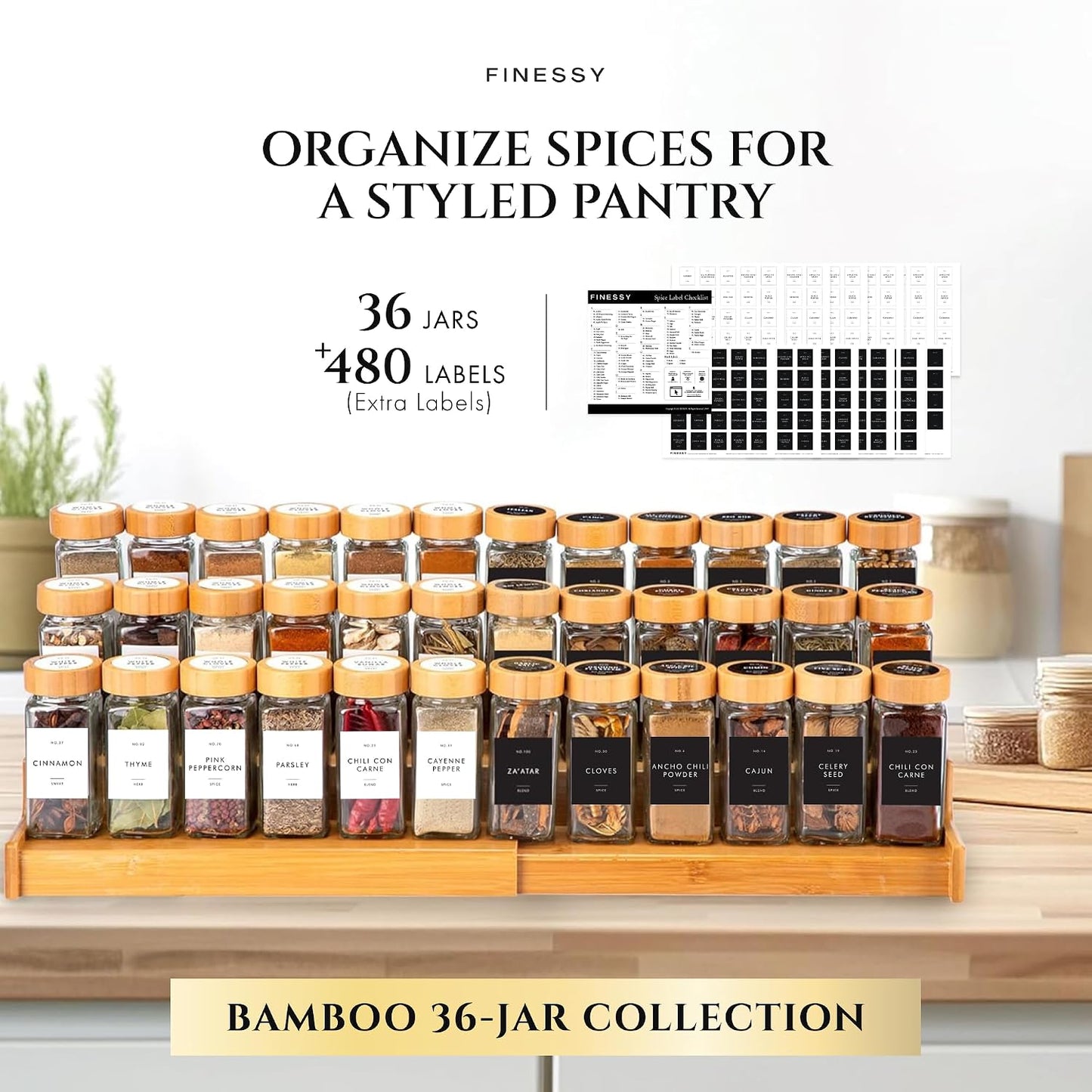 Tarros vidrio especias con tapas bambú set 36 botellas 4oz
