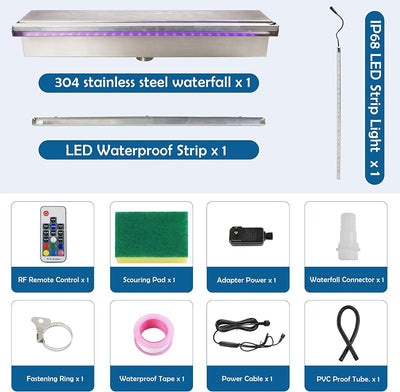 Derramero cascada piscina 19.6pulg acero inox luz LED jardín
