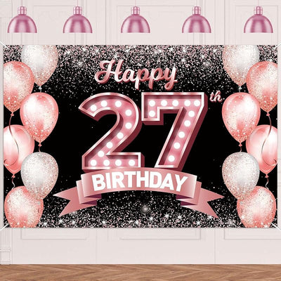 Cartel feliz cumpleaños 27 color oro rosa con globos confeti