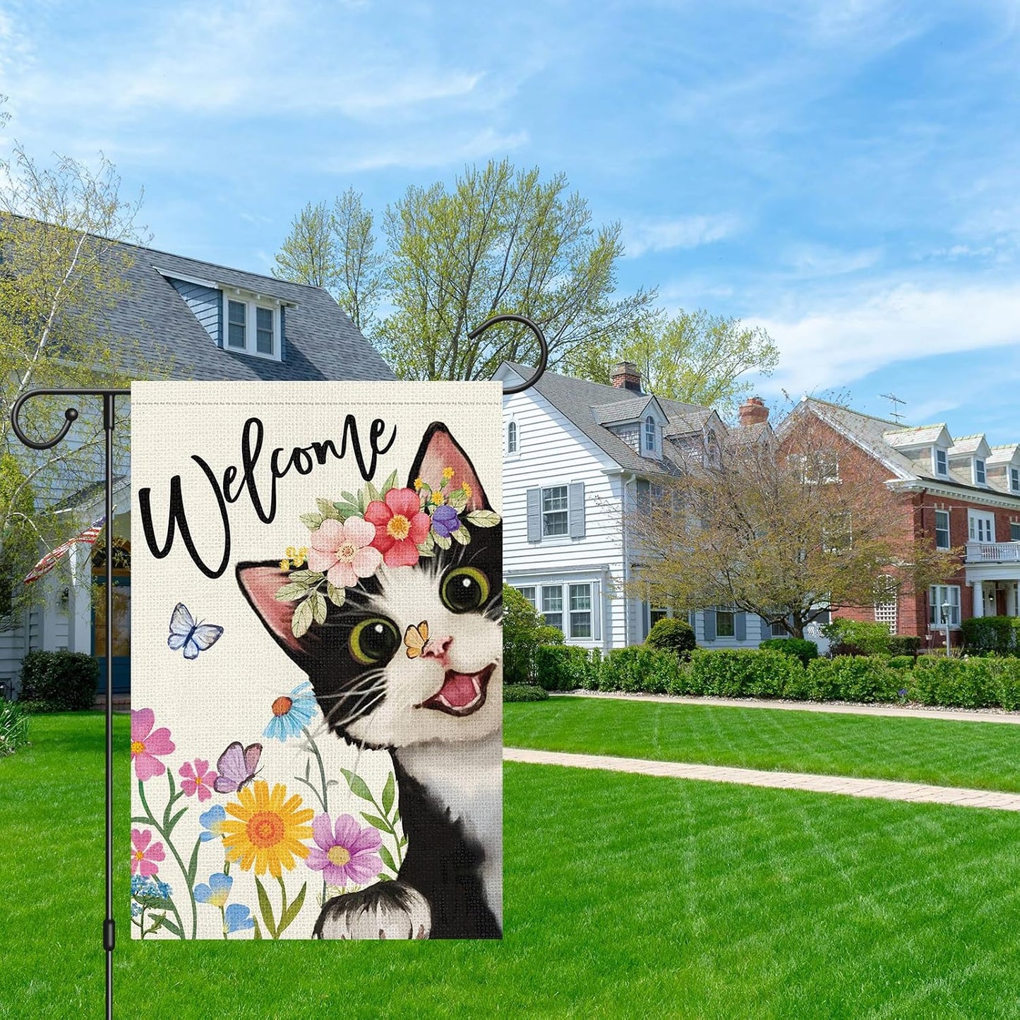 Bandera jardín gato primavera verano 12x18pulg arpillera doble cara